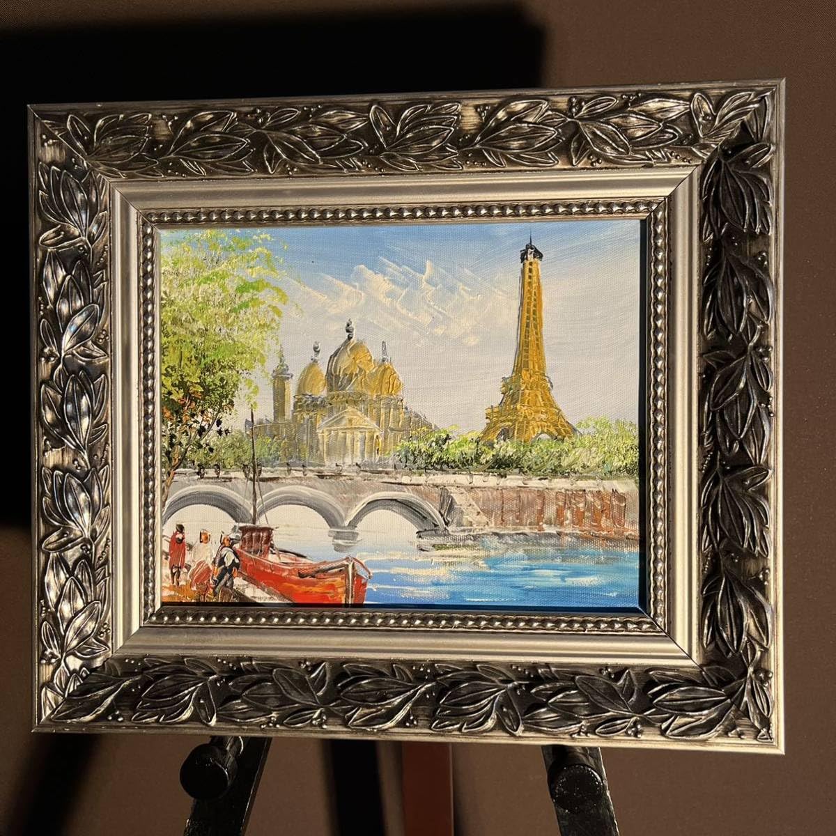 手書き油絵 パリの風景 エッフェル塔 額付 肉筆絵画 インテリア 油彩画 手書き油絵 パリの風景 エッフェル塔 絵画 額付き インテリア
